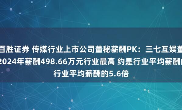 百胜证券 传媒行业上市公司董秘薪酬PK：三七互娱董秘叶威2024年薪酬498.66万元行业最高 约是行业平均薪酬的5.6倍
